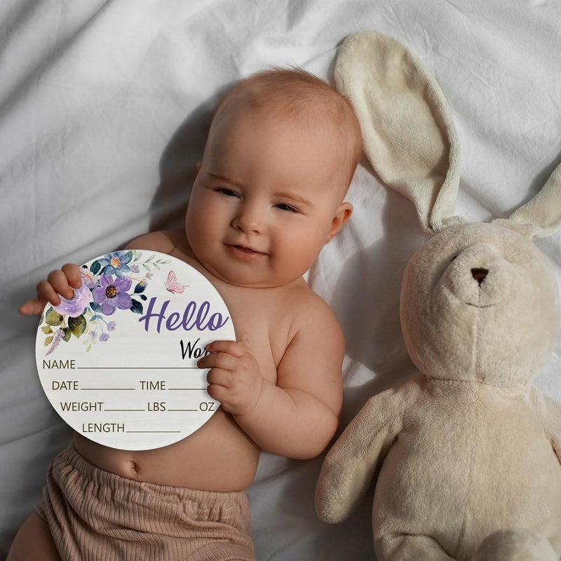 CLHHM Hello World Purple Rose Baby Name Sign Birth Announcement Plaque with Name Date Weight 6" Round Birch Wood Nursery Decor Newborn Hospital Keepsake Gift for Parents - Image 3